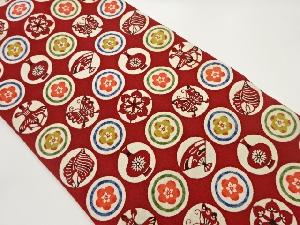 上代紬型染丸文に花・蝶・貝模様名古屋帯